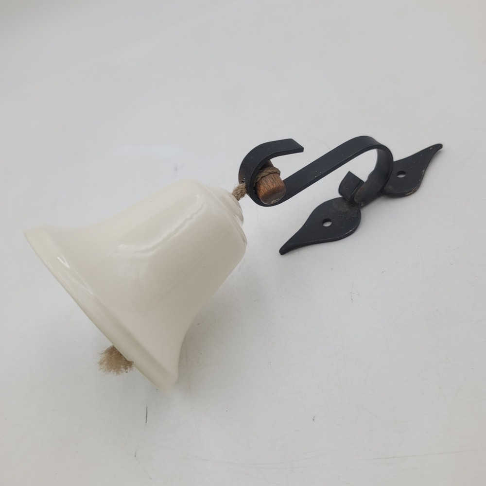 Vintage Ceramic Dinner Bell Wall Mount Wrought Iron Bracket Farmhouse Cream